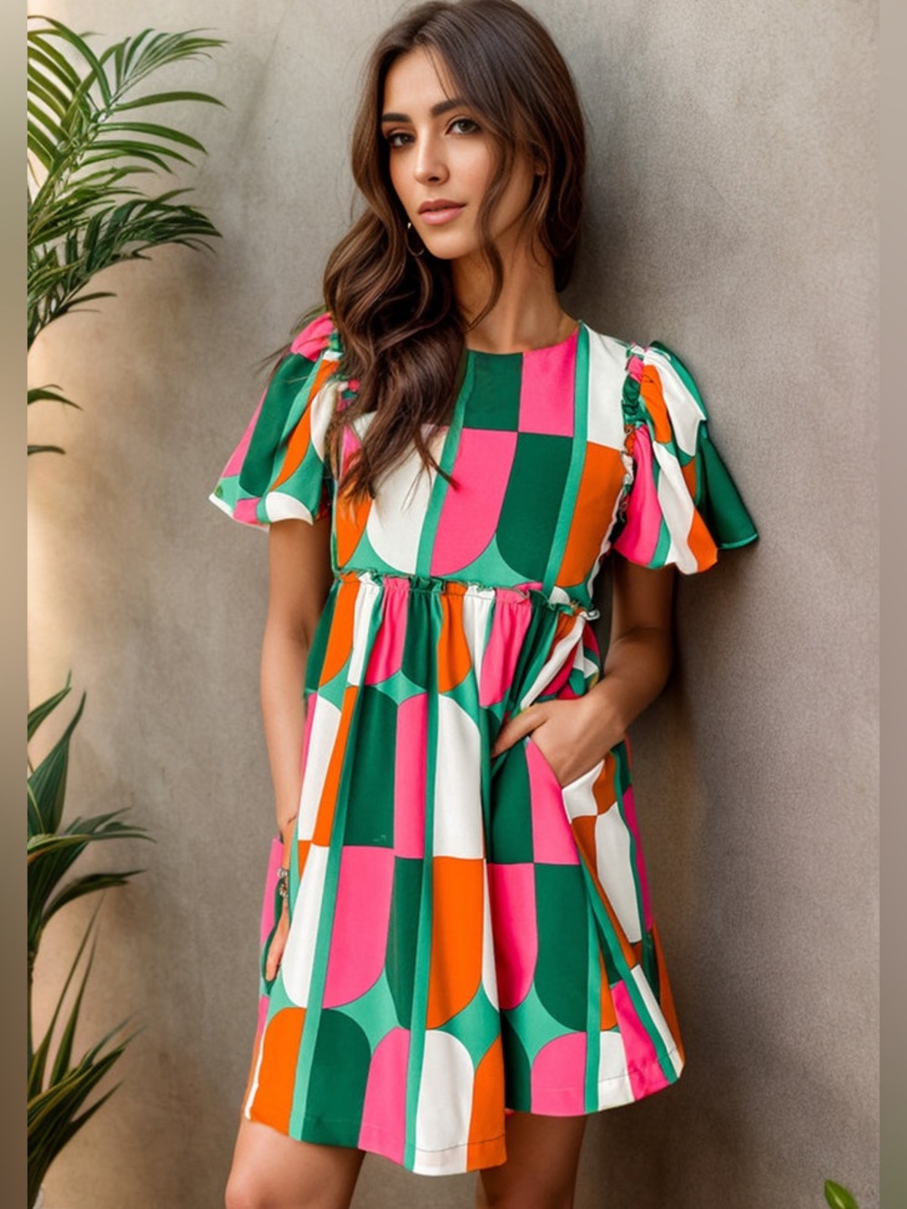 Bright geometric ruffle puffy sleeve dress with pockets
